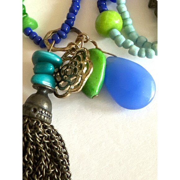 Retro Extra Long Beaded Tassel Pendant Necklace Blue Green Mix Beads - Picture 6 of 7